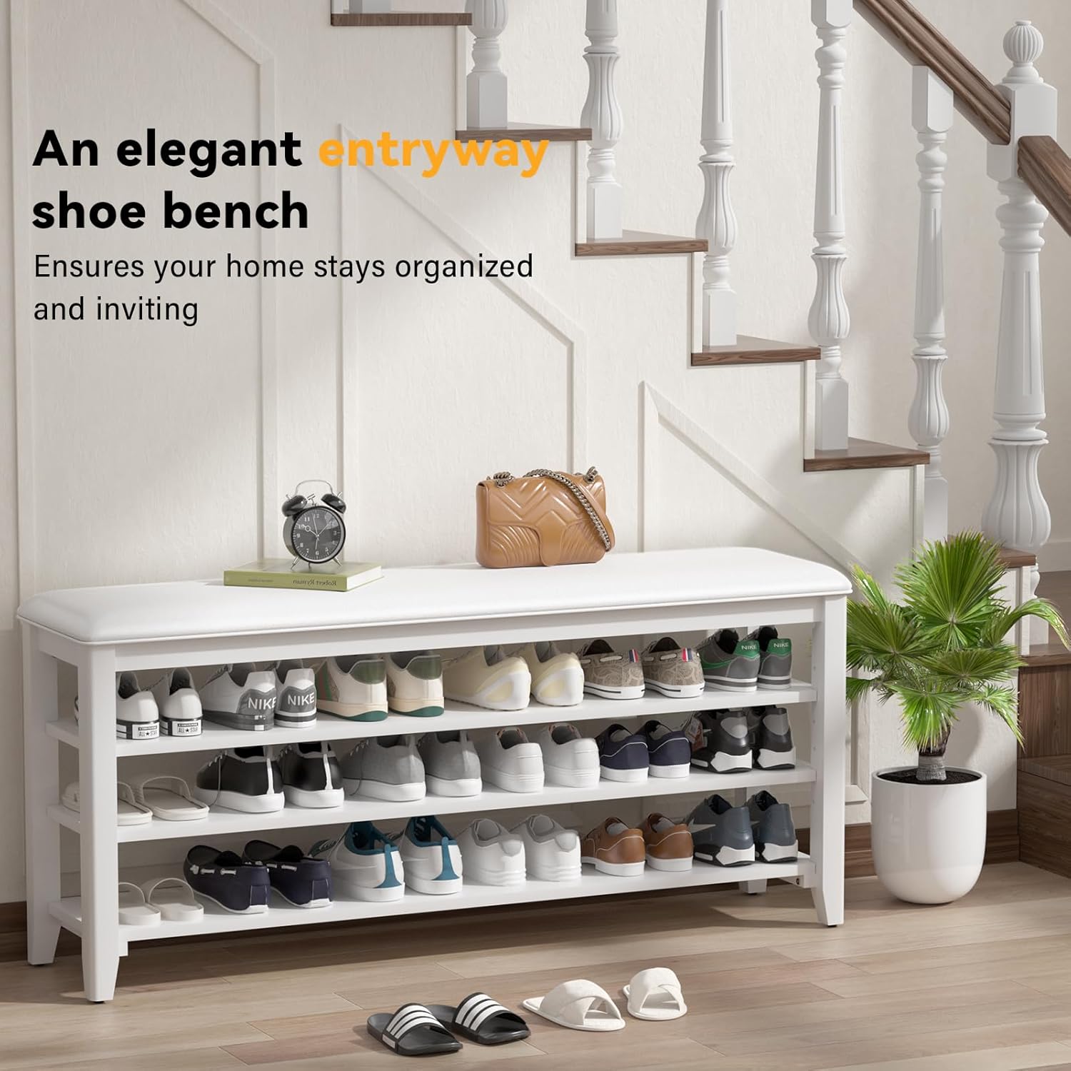 TAITIY 47.2-Inch White Leather Cushion Shoe Storage Bench