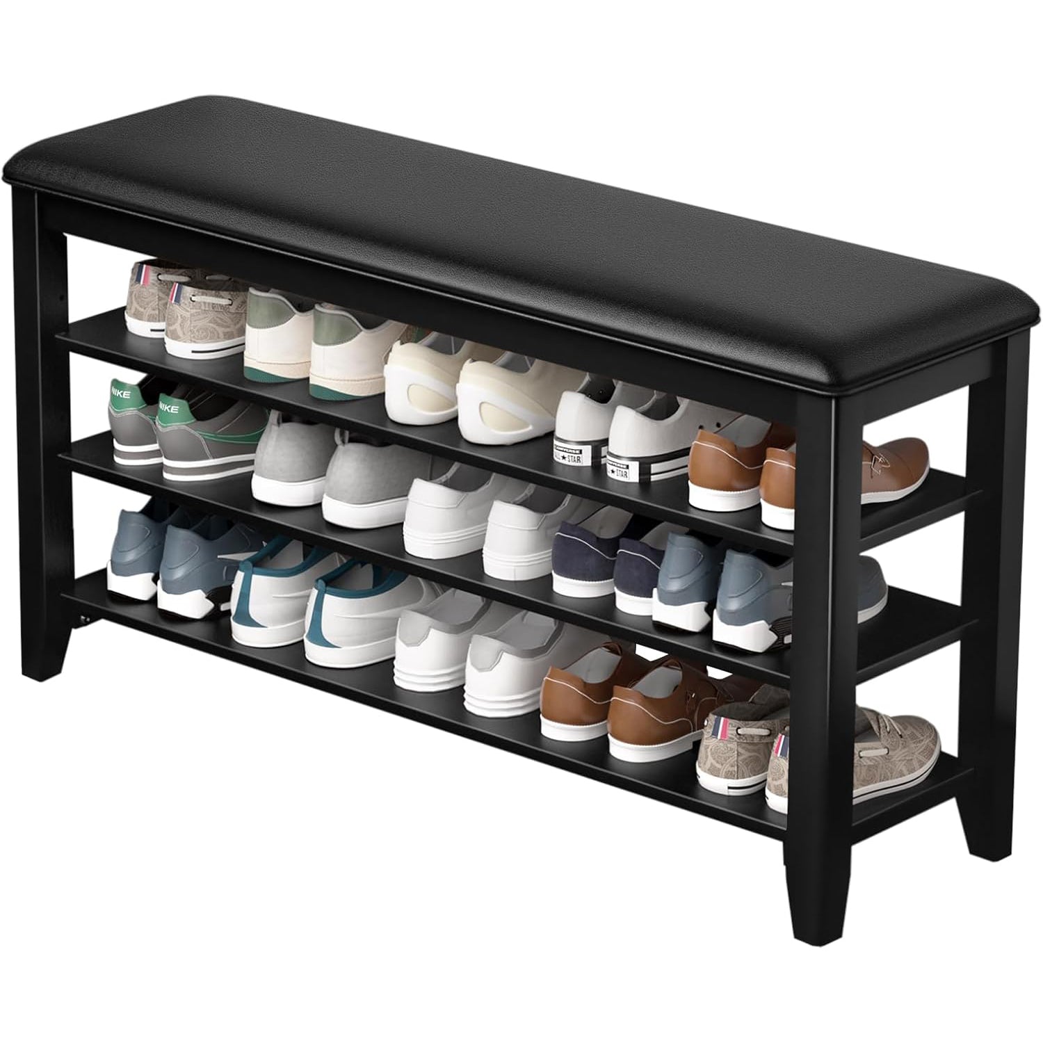 TAITIY 39.4-Inch Black Leather Cushion Shoe Storage Bench