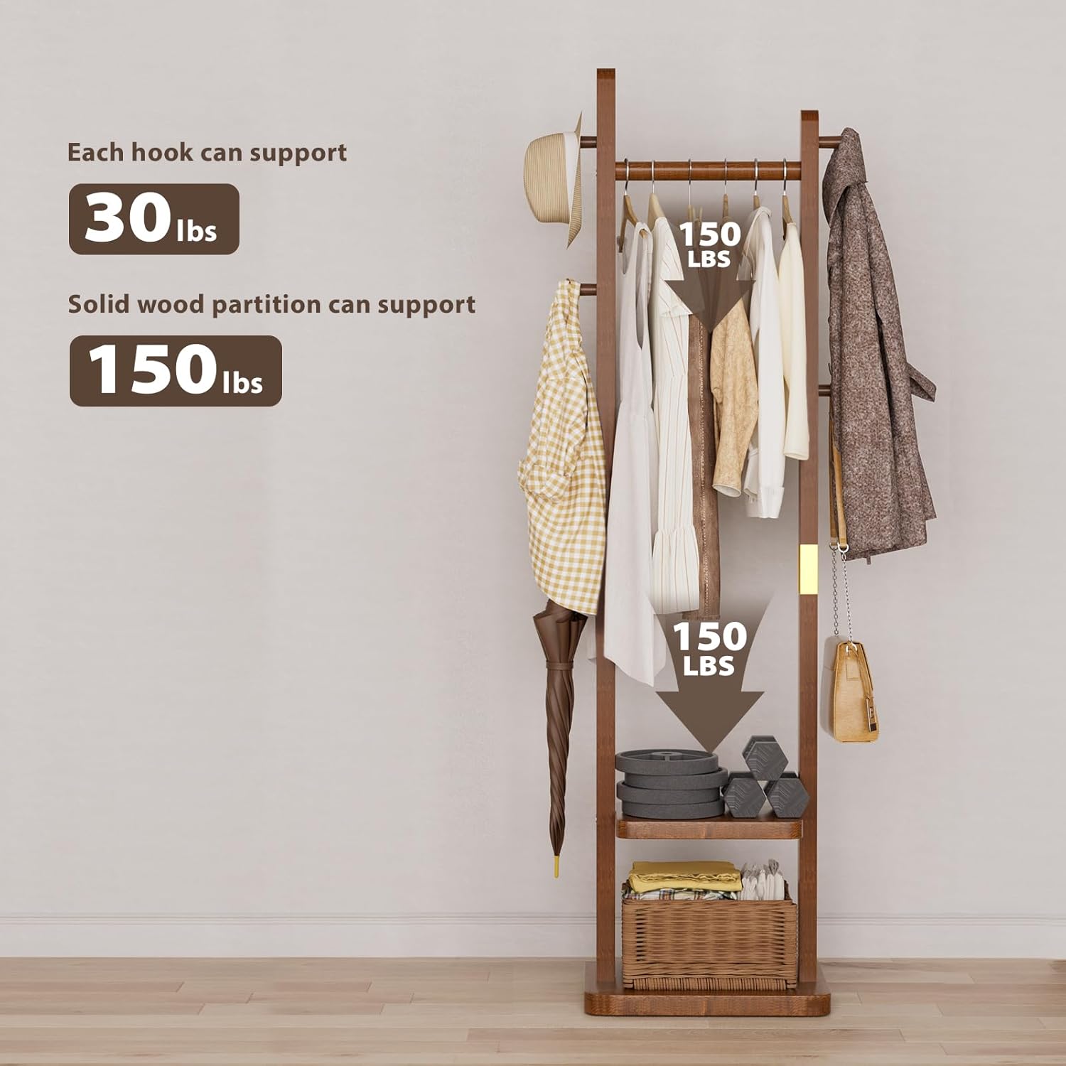 TAITIY Solid Wood Clothes Rack with 2 Shelves & 5 Hooks, Size S, Walnut Brown
