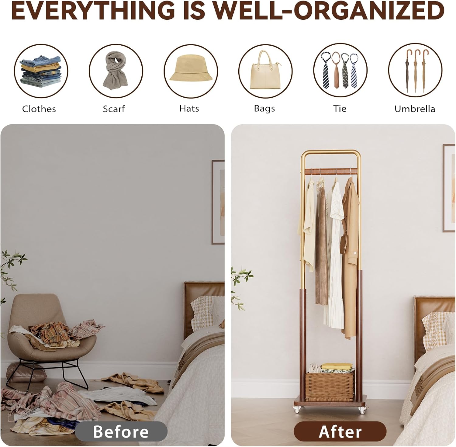 TAITIY Metal & Solid Wood Clothes Rack with Wheels, Slim 15.7" Wide, Walnut Accent