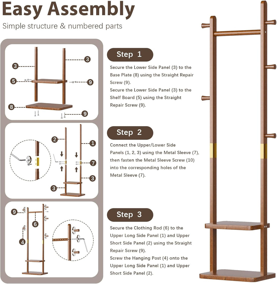 TAITIY Solid Wood Clothes Rack with 2 Shelves & 5 Hooks, Size S, Walnut Brown