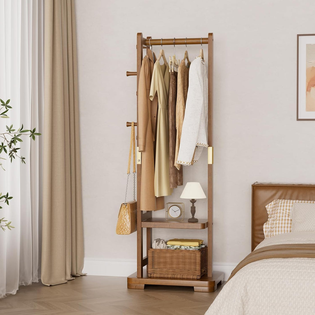 TAITIY Solid Wood Clothes Rack, 2 Shelves & 4 Hooks, Size S 18.11" Wide, Walnut Brown