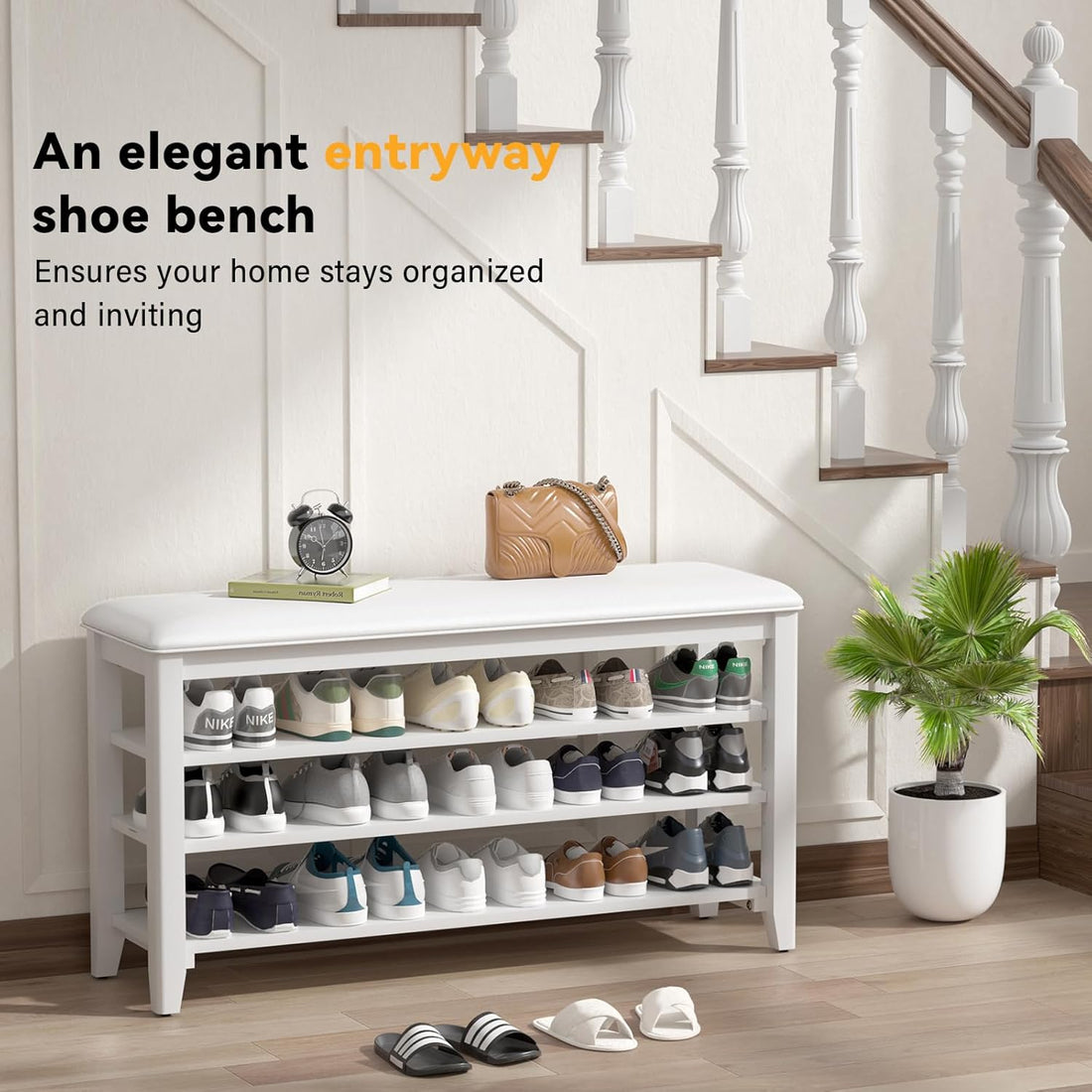 TAITIY 39.4-Inch White Leather Cushion Shoe Storage Bench