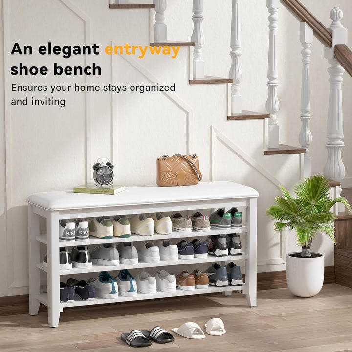 TAITIY 39.4-Inch White Leather Cushion Shoe Storage Bench