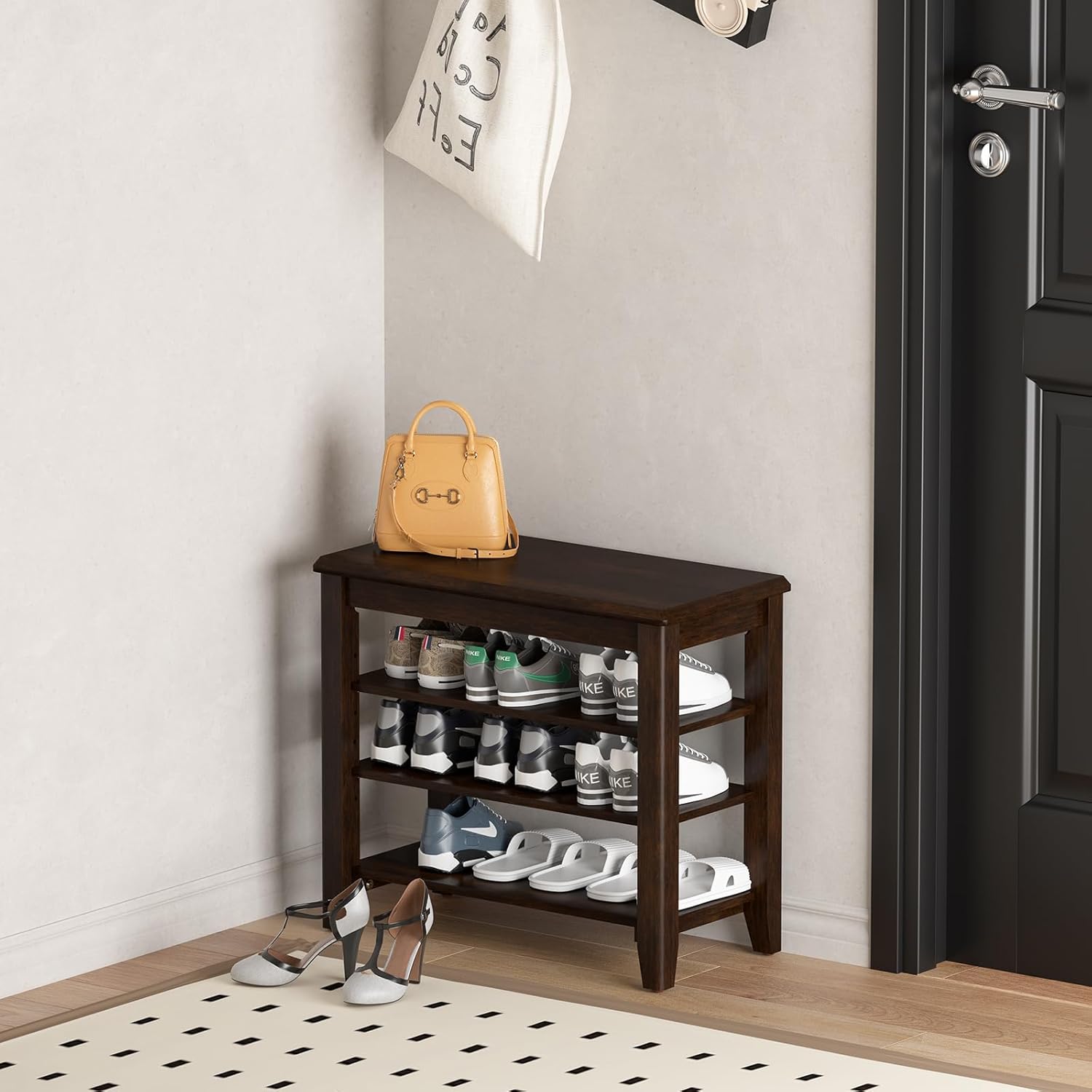 TAITIY 23.6-Inch Walnut Wood Shoe Storage Bench for Small Spaces