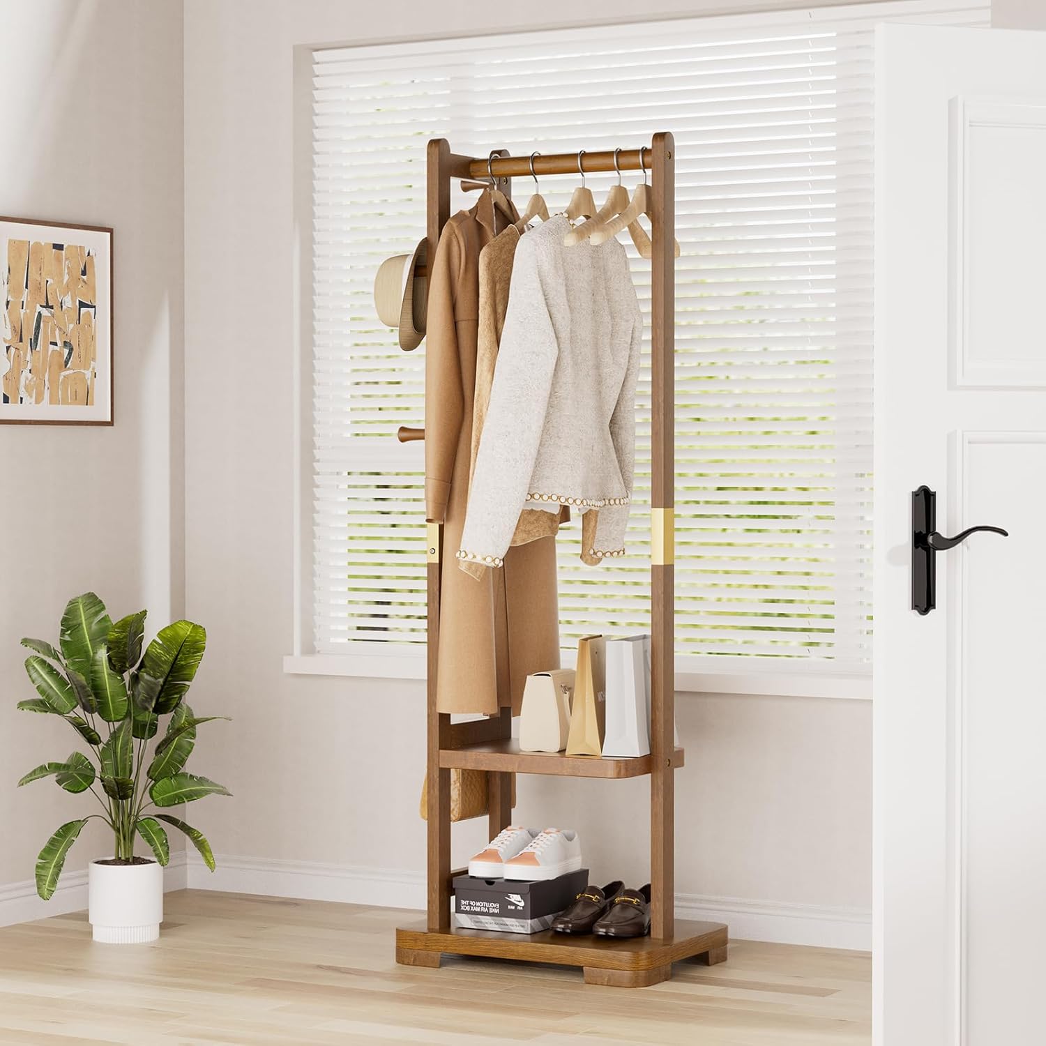 TAITIY Solid Wood Clothes Rack, 2 Shelves & 4 Hooks, Size S 18.11" Wide, Walnut Brown