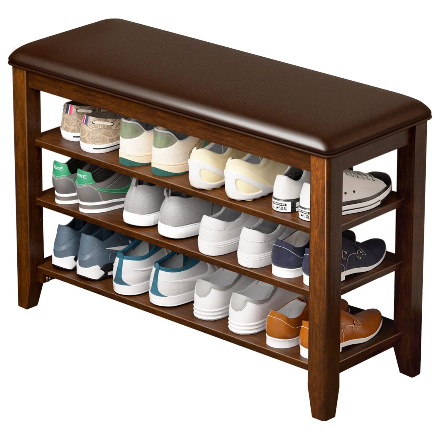 TAITIY 31.5-Inch Walnut Shoe Bench with Leather Cushion