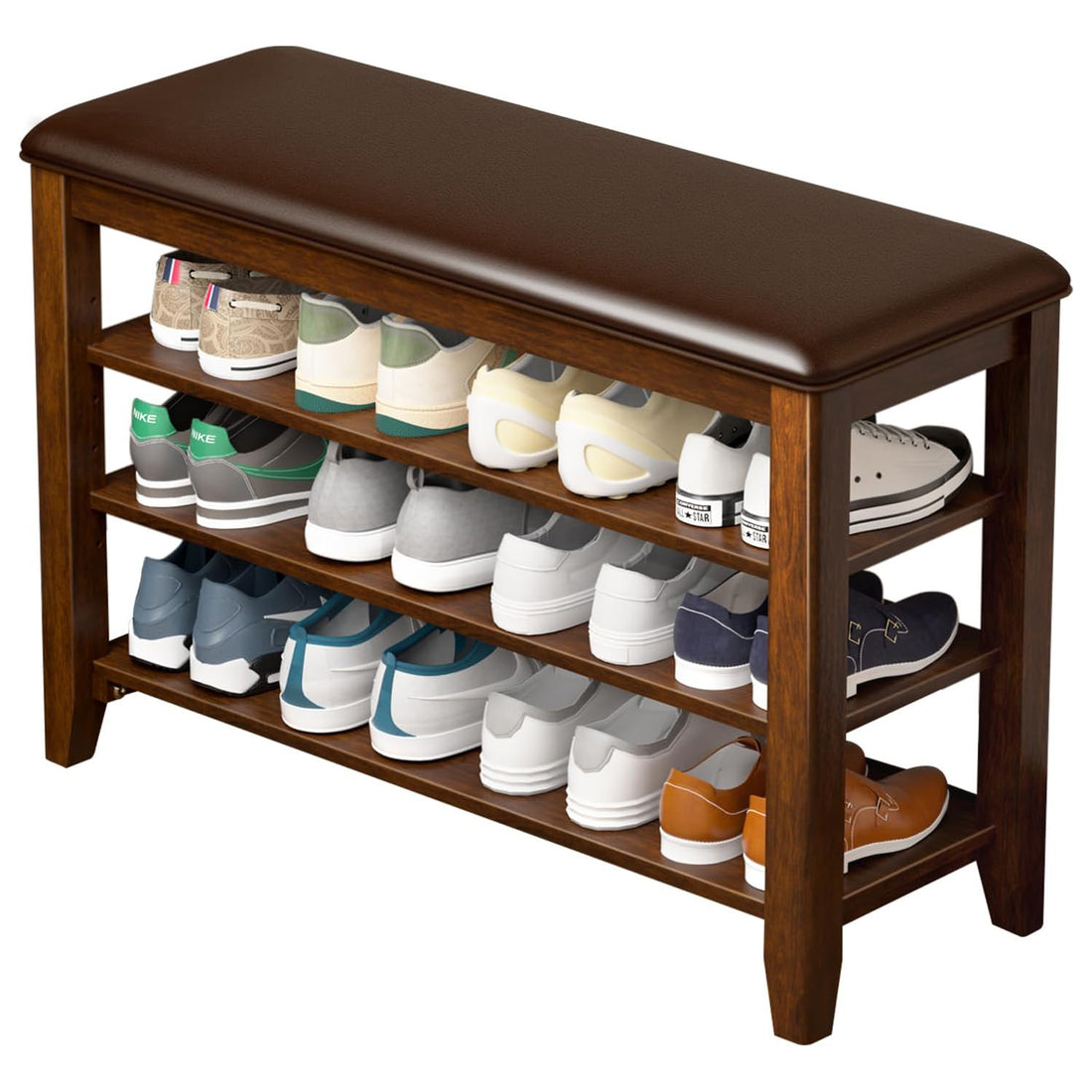 TAITIY 31.5-Inch Walnut Shoe Bench with Leather Cushion