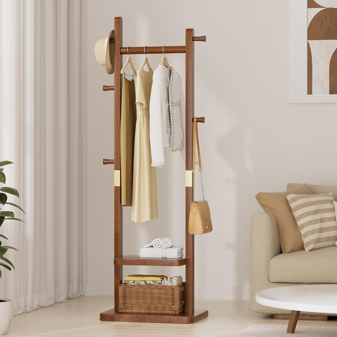 TAITIY Solid Wood Clothes Rack with 2 Shelves & 5 Hooks, Size L, Walnut Brown
