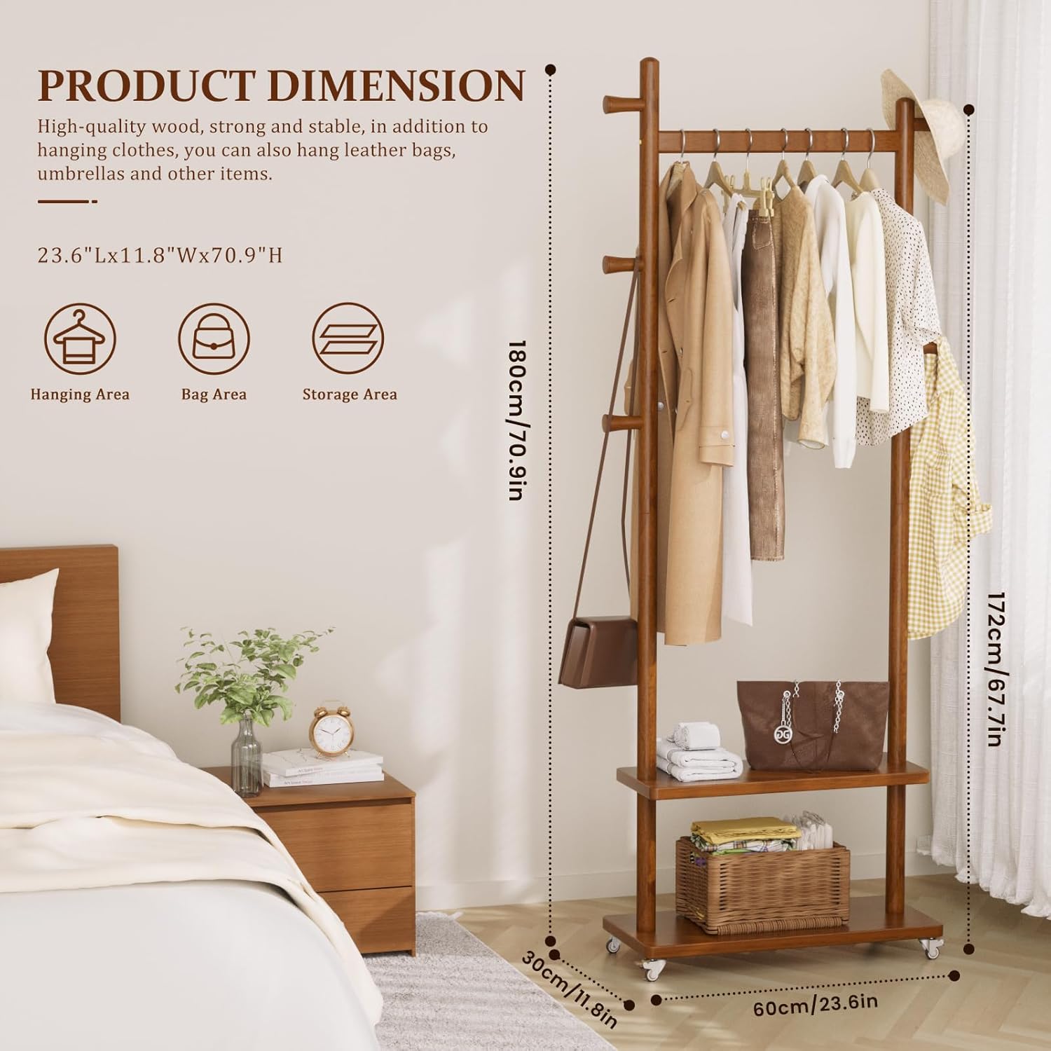 TAITIY Rolling Wood Clothes Rack with Wheels, 2 Shelves, 5 Hooks, Size L, Walnut Brown