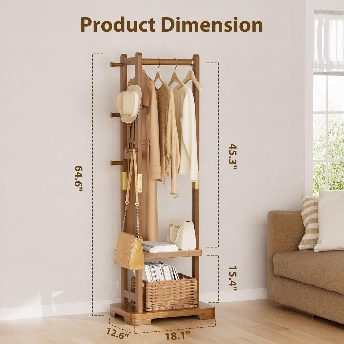 TAITIY Solid Wood Clothes Rack, 2 Shelves & 4 Hooks, Size S 18.11" Wide, Walnut Brown