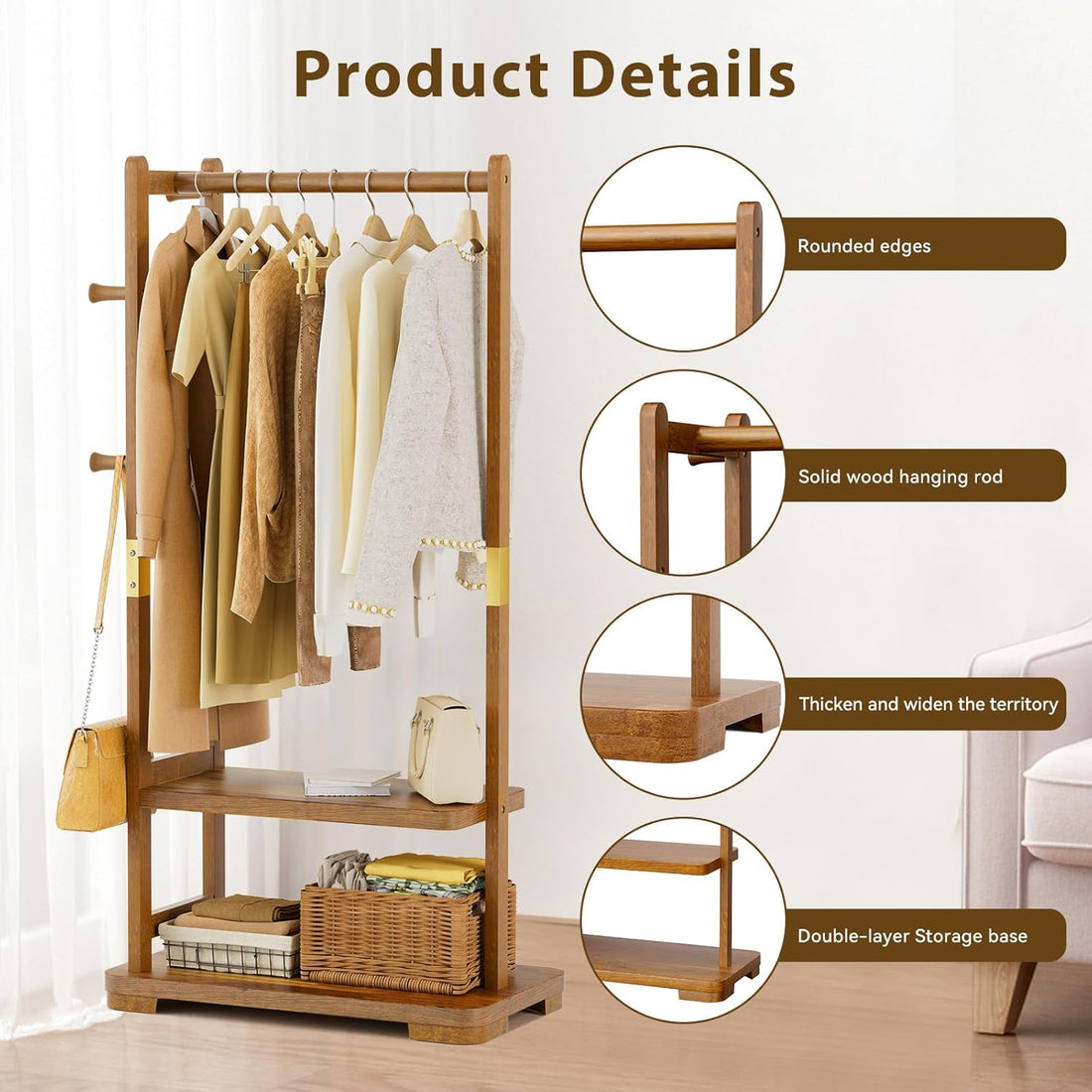 TAITIY Solid Wood Clothes Rack, 2 Shelves & 4 Hooks, Size L 25.98" Wide, Walnut Brown
