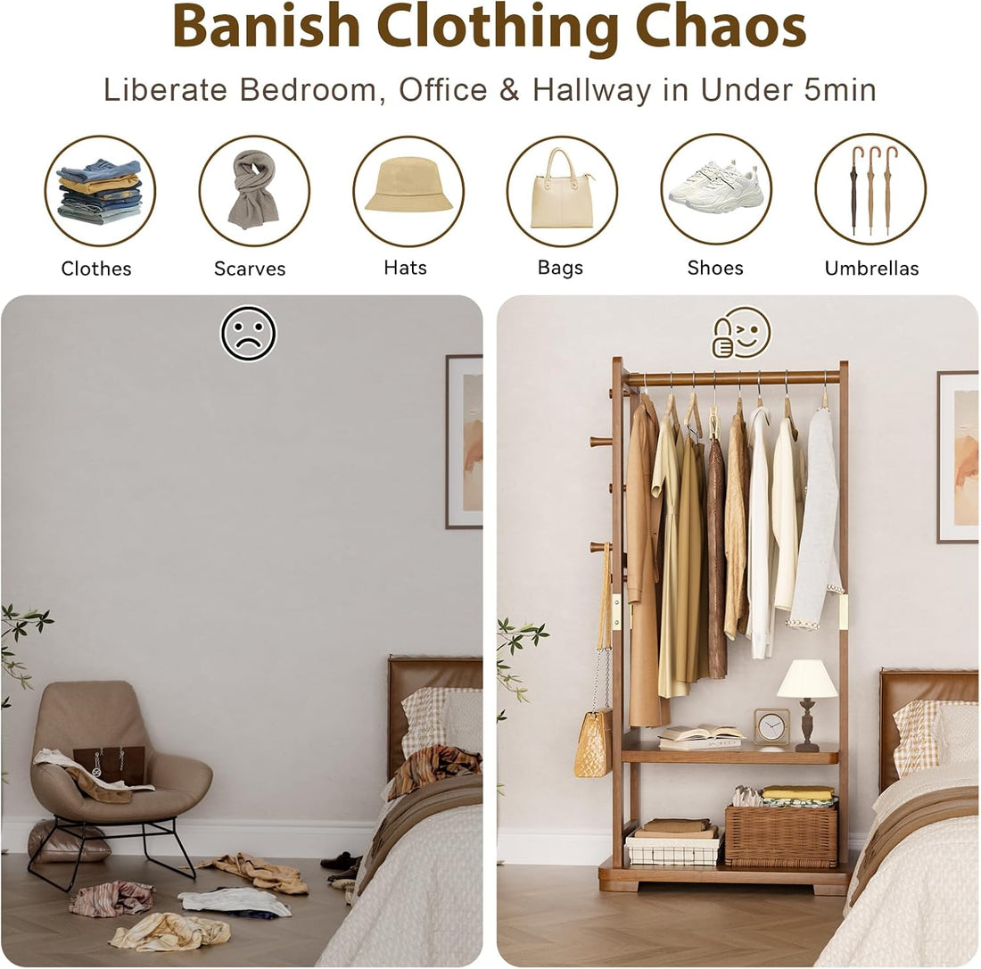 TAITIY Solid Wood Clothes Rack, 2 Shelves & 4 Hooks, Size L 25.98" Wide, Walnut Brown