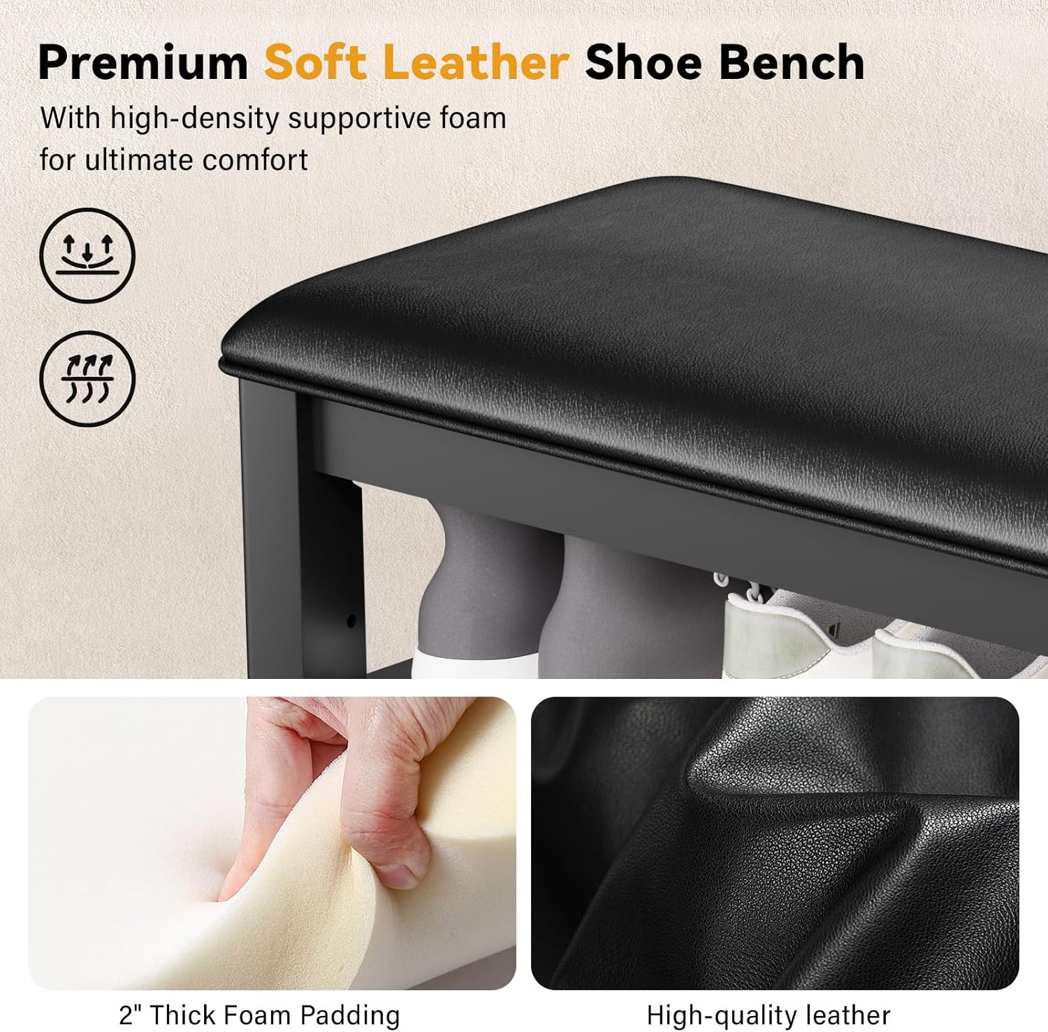 TAITIY 31.5-Inch Black Leather Cushion Shoe Storage Bench