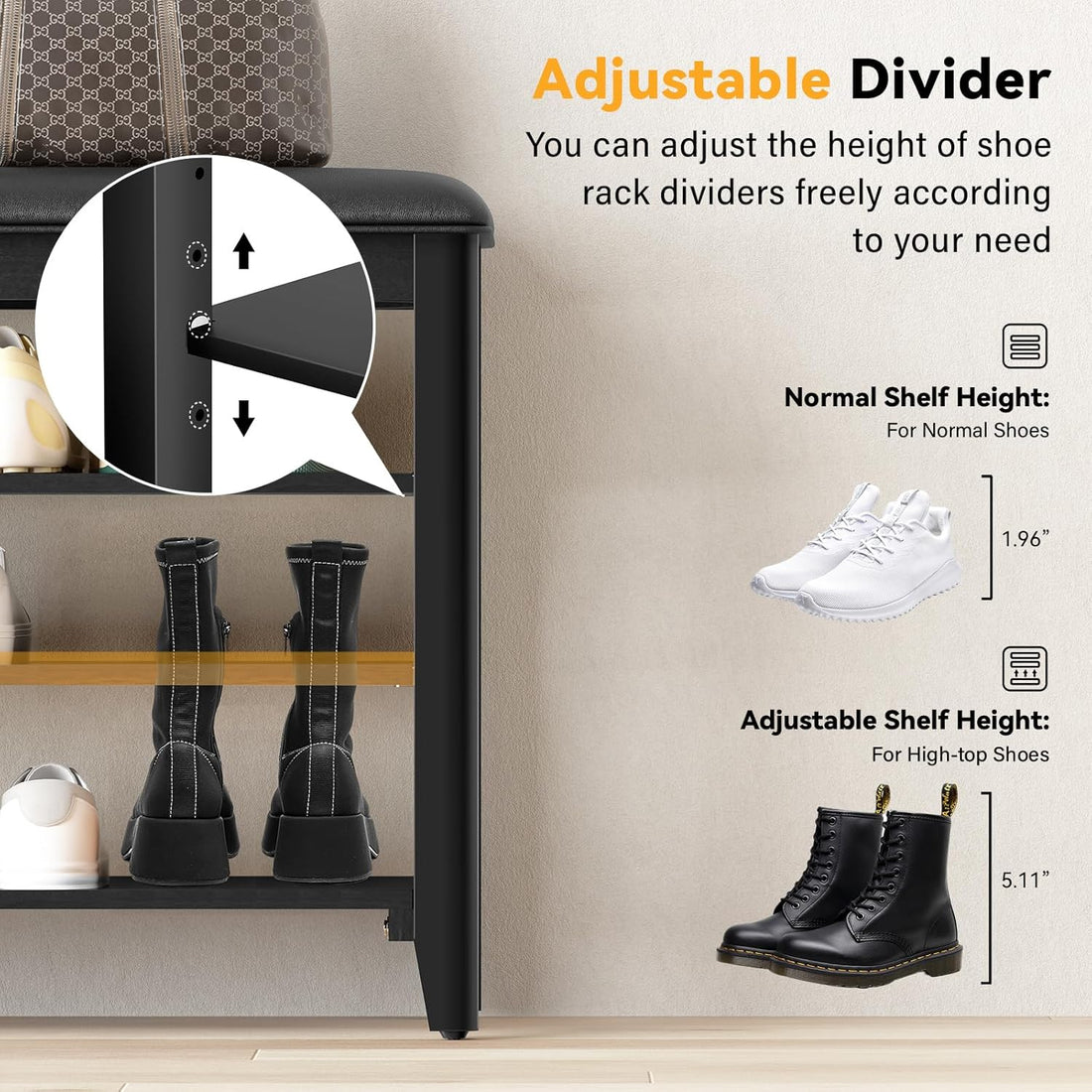 TAITIY 47.2-Inch Black Leather Cushion Shoe Storage Bench