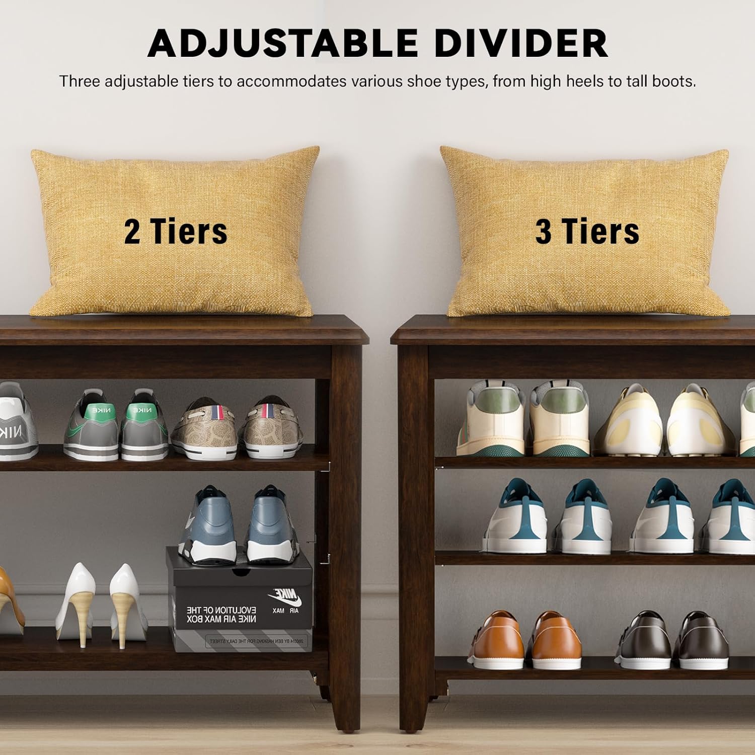 TAITIY 47.2-Inch Walnut Wood Shoe Storage Bench