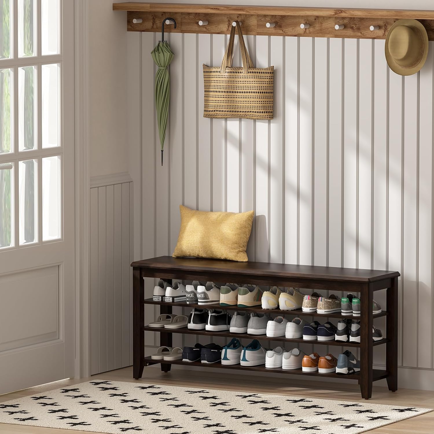 TAITIY 47.2-Inch Walnut Wood Shoe Storage Bench