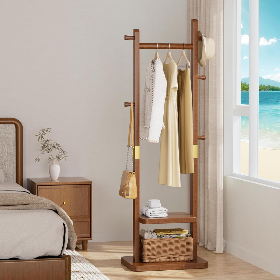 TAITIY Solid Wood Clothes Rack with 2 Shelves & 5 Hooks, Size L, Walnut Brown