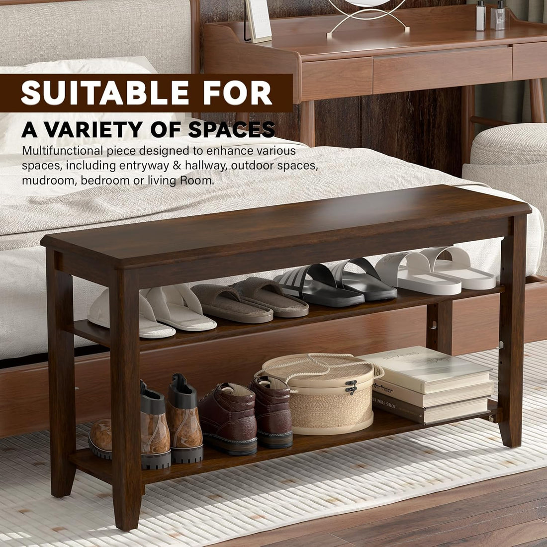TAITIY 39.4-Inch Walnut Wood Shoe Storage Bench