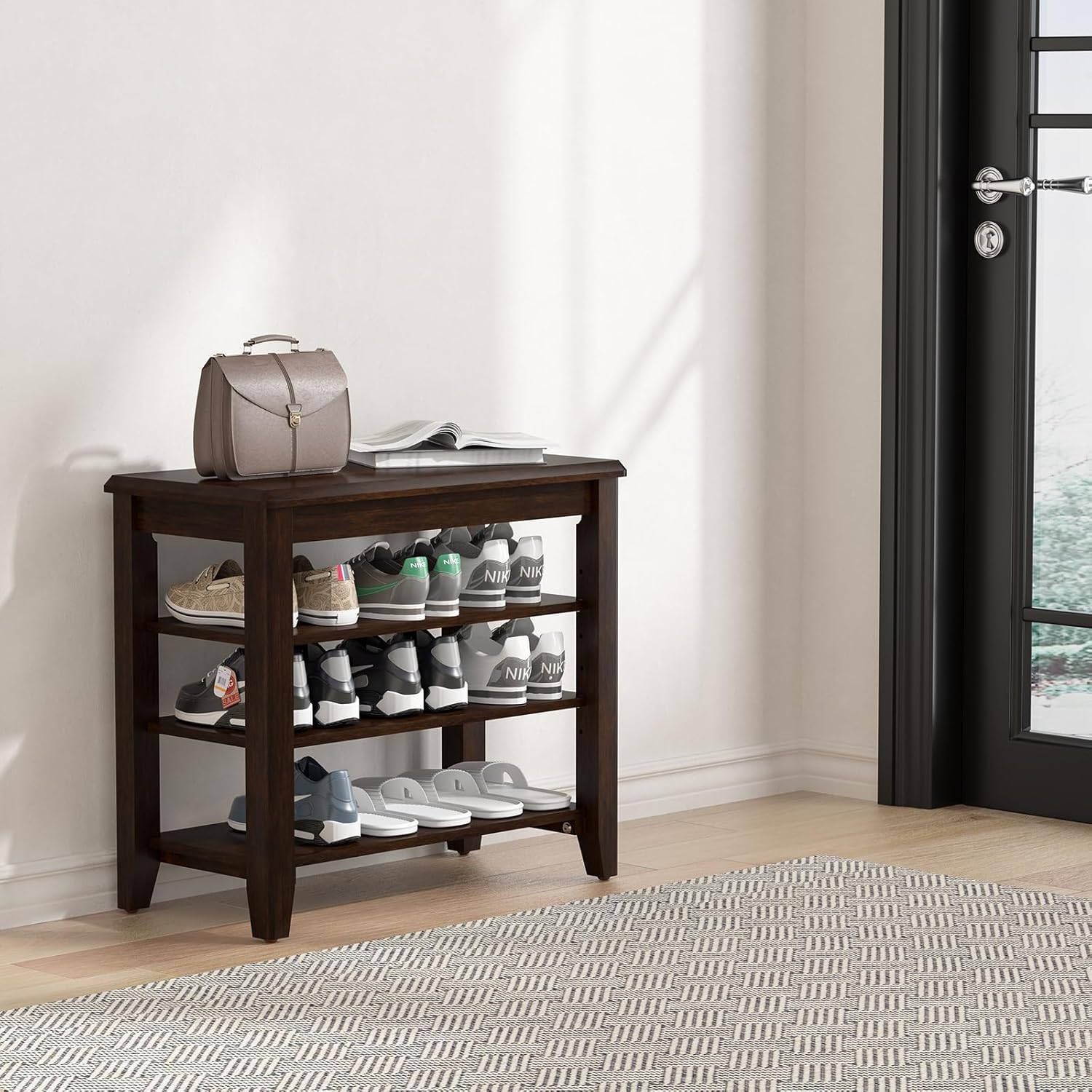 TAITIY 23.6-Inch Walnut Wood Shoe Storage Bench for Small Spaces