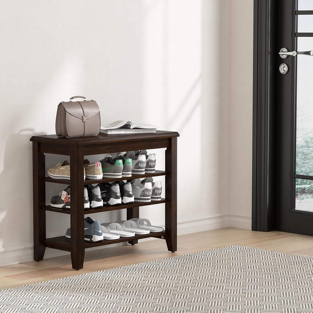 TAITIY 23.6-Inch Walnut Wood Shoe Storage Bench for Small Spaces