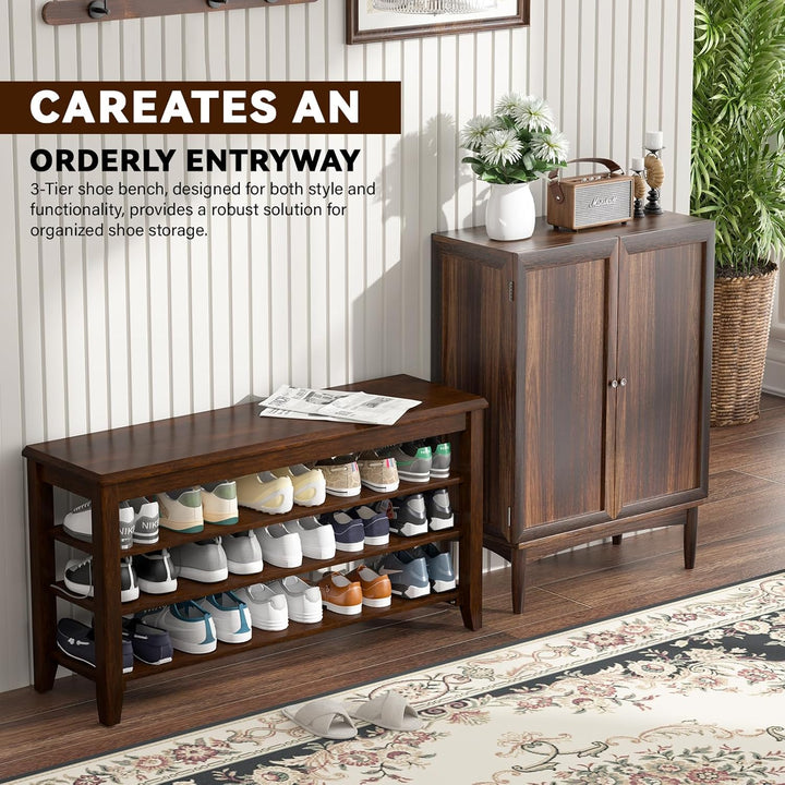 TAITIY 47.2-Inch Walnut Wood Shoe Storage Bench