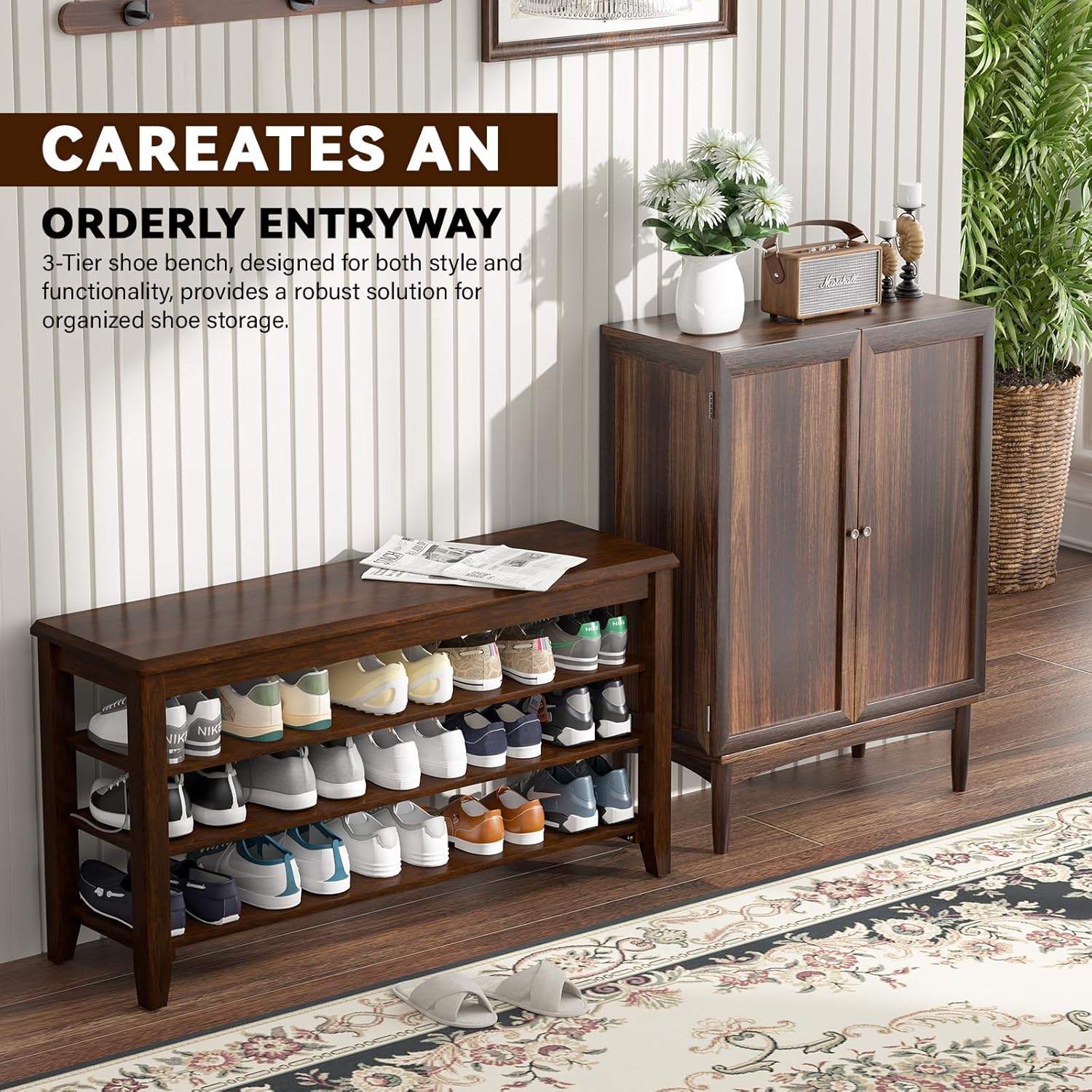 TAITIY 39.4-Inch Walnut Wood Shoe Storage Bench