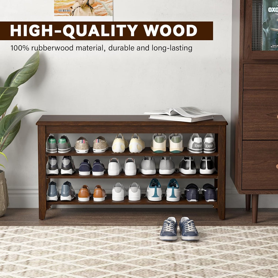 TAITIY 23.6-Inch Walnut Wood Shoe Storage Bench for Small Spaces