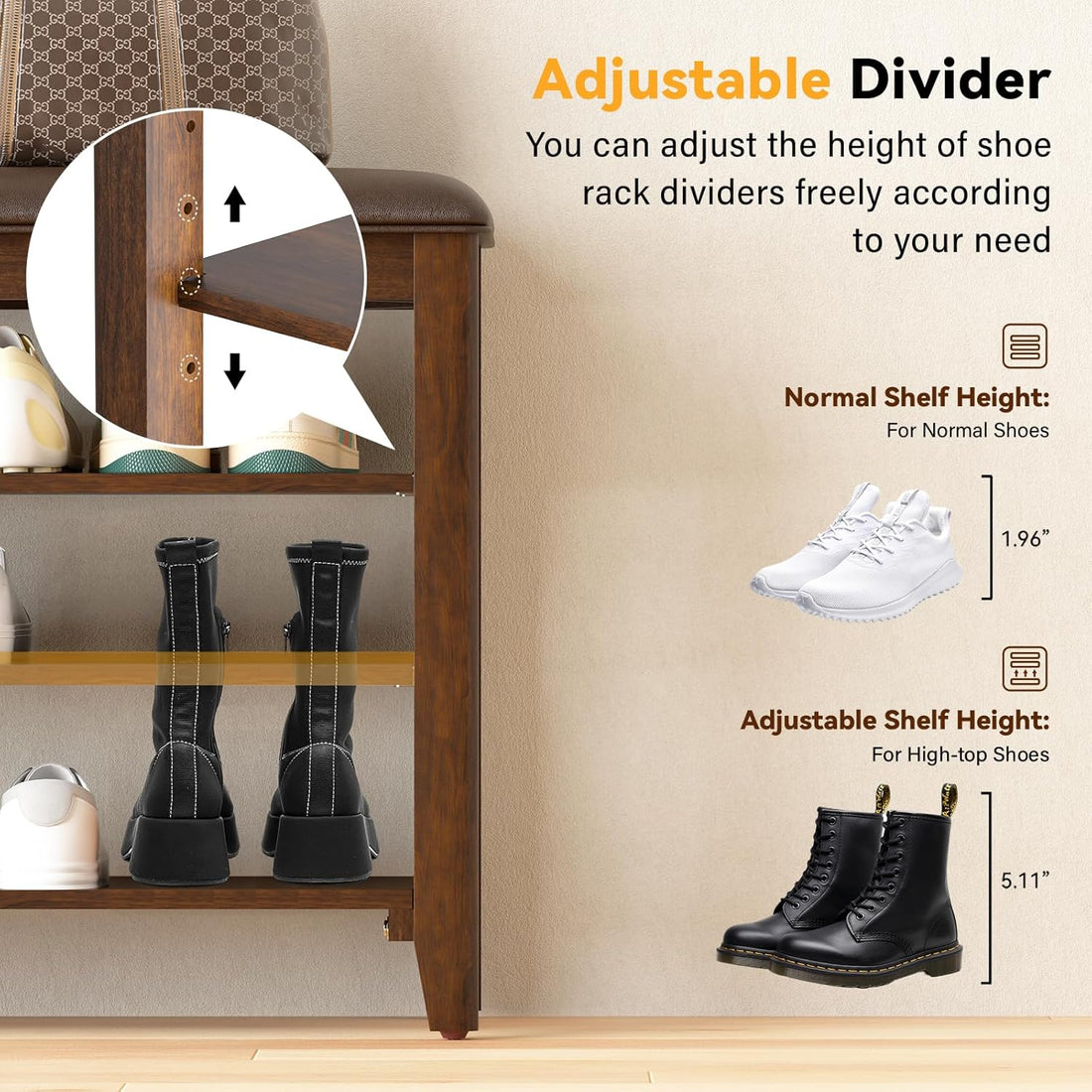 TAITIY 31.5-Inch Walnut Shoe Bench with Leather Cushion