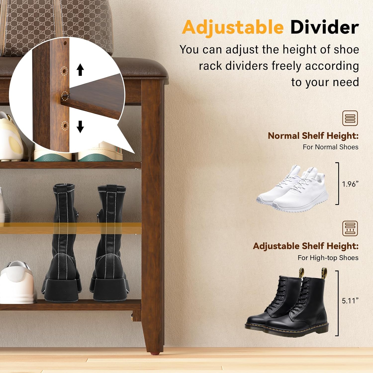 TAITIY 39.4-Inch Walnut Shoe Bench with Leather Cushion